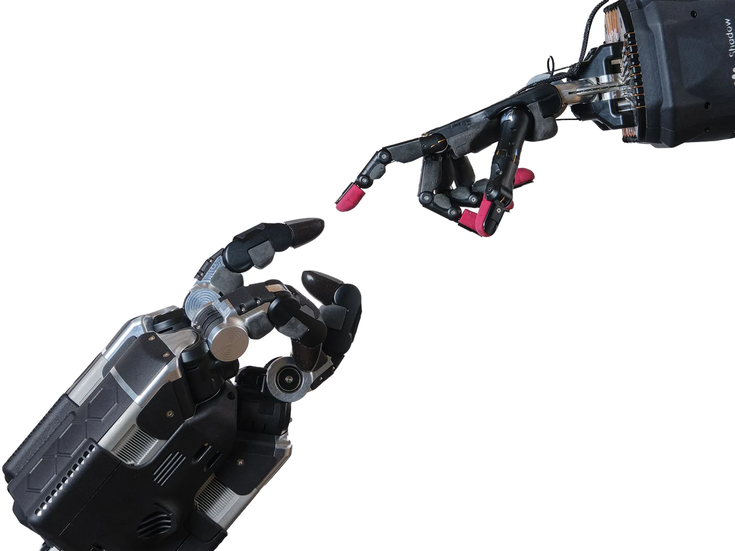 Two robotic hands reaching toward each other, index fingertips almost touching